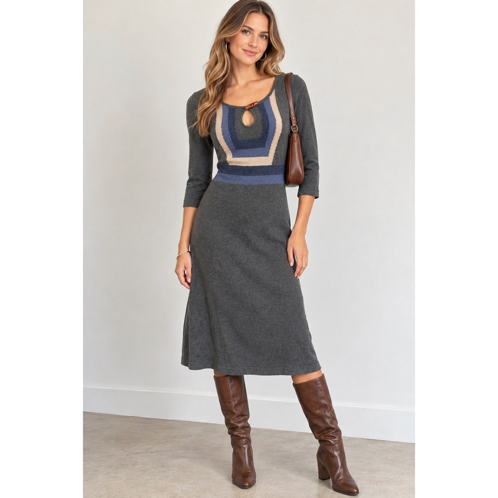 prAna Sweater Dress Women S Boho Mountain Chic Grey Blue Geometric Toggle Knit